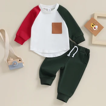 Комплекты штанов из 2 предметов для маленьких мальчиков, топы контрастного цвета с длинными рукавами и комплекты штанов на завязках