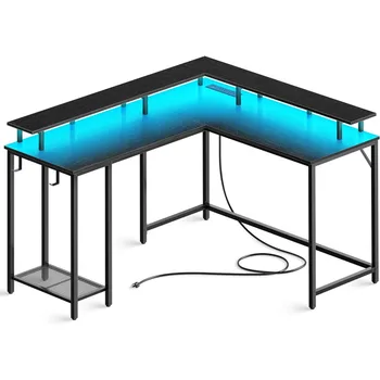 Компьютерный стол с подставкой для монитора и полкой для хранения L-образный игровой стол с розетками и светодиодной подсветкой, кабинетные столы, черная мебель