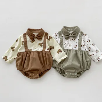 Корейская одежда для маленьких мальчиков, осеннее боди с длинными рукавами для младенцев, банты для мальчиков в стиле пэчворк с Мультяшным медведем, цельная одежда, комбинезон для малышей