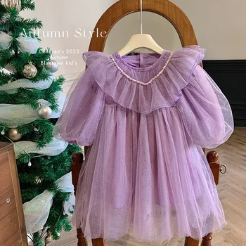 Корейское детское платье для девочек, детское пышное платье с пузырчатыми рукавами 2023, осеннее Милое платье принцессы