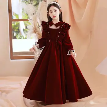 Красное платье для девушки-ведущей, роскошное платье принцессы, зимнее свадебное платье с цветочным узором для маленькой девочки, детское платье для выступления на фортепиано