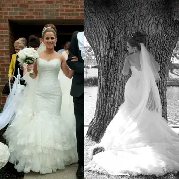 Кружевные свадебные платья русалки с кружевной аппликацией из тюля в виде сердечка, Многоуровневые свадебные платья со шлейфом в стиле собора, свадебное платье Robe De Mariage