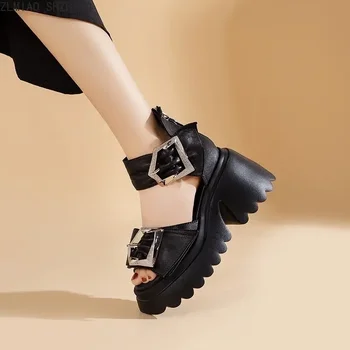 Летние черные женские сандалии, роскошная пряжка со стразами, открытый носок, каблук толщиной 10 см, увеличивающий высоту, сандалии на платформе