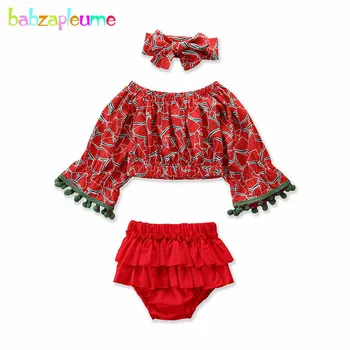 Летний комплект из 3 предметов, Одежда для маленьких девочек, Модная хлопковая футболка с принтом Арбуза + Шорты + Повязка на голову, Одежда для новорожденных BC1386-1