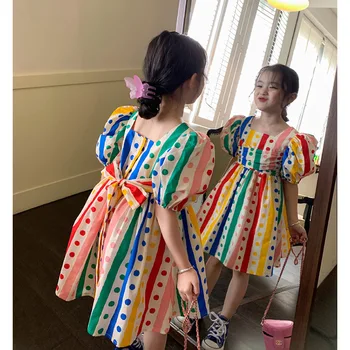 Лето 2023, Новая легкая роскошная модная детская одежда, платье для девочек, детская юбка принцессы в цветную полоску с пышными рукавами, бутик одежды