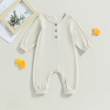 Милый комбинезон для малышей, однотонный комбинезон с длинными рукавами и пуговицами для новорожденных, осенняя одежда