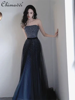Модное элегантное женское вечернее платье с пайетками, элегантное высококачественное платье без бретелек, синее облегающее вечернее платье без рукавов с высокой талией, облегающее платье