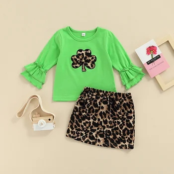 Модный комплект одежды для девочек 2022 года от 0 до 4 лет, зеленая расклешенная футболка с длинными рукавами и рисунком клевера + юбка трапециевидной формы с леопардовым принтом, весна, 2 шт.