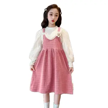 Модный комплект принцессы для маленьких девочек, весенняя детская блузка с пышными рукавами и милое розовое платье, наряды из 2 предметов, платья на бретельках для малышей, костюмы