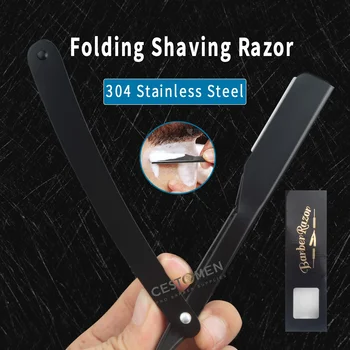 Мужские бритвенные станки для парикмахера, инструменты для удаления волос, Черный складной бритвенный нож, прямая безопасная бритва из нержавеющей стали, держатель для барбеарии
