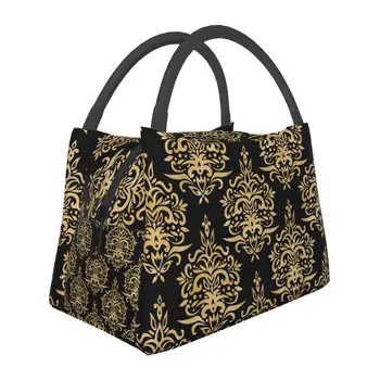 Нарядная дамасская сумка для ланча, черная с золотом, модный ланч-бокс, переносная изолированная сумка-холодильник для путешествий, детские термосумки-тоут с принтом