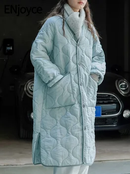 Наслаждайтесь зимней женской корейской модой 2023 года, Толстыми теплыми стегаными хлопчатобумажными пальто с V-образным вырезом, уличной одеждой, длинной курткой, пальто свободного кроя.