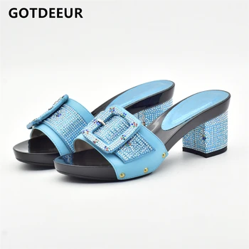 Небесно-голубые женские туфли в африканском стиле, украшенные стразами, Итальянская женская обувь для вечеринок, Итальянские женские летние пикантные туфли-лодочки на высоком каблуке