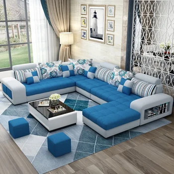 Новая Горячая распродажа Европейских Роскошных диванов для гостиной 7-местная U-образная мебель для дома Деревянное Тканевое кресло с откидной спинкой Секционное