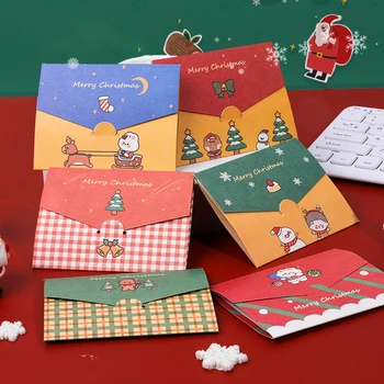 Новогодняя тема 5шт мультфильм милые открытки, милые благословение конверты, писчая бумага для DIY праздничные открытки подарочная сообщение 