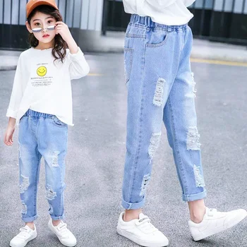 Новые весенне-осенние хлопковые джинсовые брюки синего цвета с дырками для маленьких девочек, детская одежда, детские повседневные новые брюки для девочек