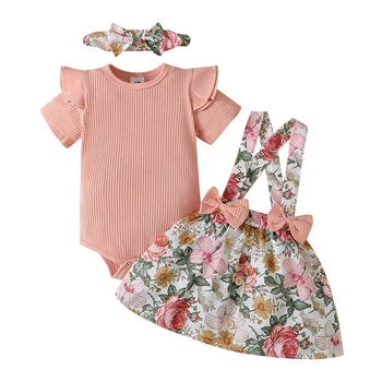 Одежда для маленьких девочек, боди в розовую полоску с коротким рукавом, платье с бантом сзади, лента для волос, комплект из 3 предметов для новорожденных 0-18 месяцев