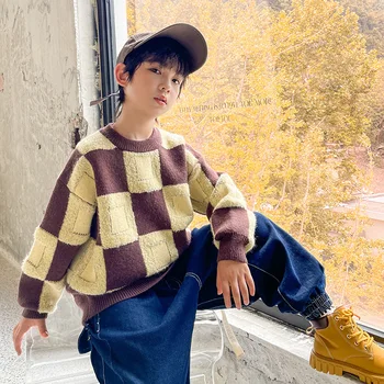 Одежда для мальчиков, Модный Новый Вязаный свитер, повседневный жаккардовый пуловер в клетку с круглым вырезом, подростковые осенне-зимние Толстые теплые топы от 4 до 14 лет