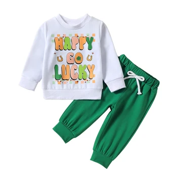 Одежда для младенцев и малышей на День Святого Патрика, рубашка с длинным рукавом, толстовка с буквенным принтом, Брюки, Весенний комплект одежды
