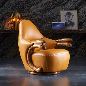 Односпальный диван-кресло для гостиной, Черное золотое дерево, Легкая роскошная кожа, от твердой до скандинавской, Простая мебель высокого класса