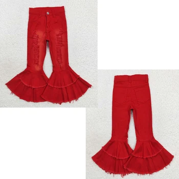 Оптовая горячая распродажа детской одежды, детские рваные красные двухэтажные расклешенные джинсовые брюки для маленьких девочек, джинсовые брюки