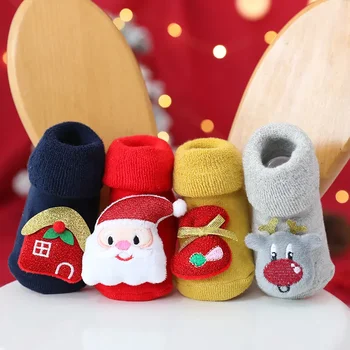 Осенне-зимний шерстяной круг с утолщенным детским клеем, нескользящие детские рождественские носки в пол, детские рождественские носки с героями мультфильмов