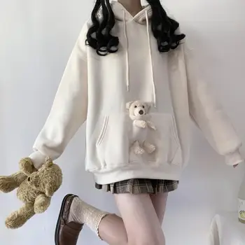 Осенне-зимняя женская толстовка с капюшоном Instagram, новая свободная одежда в стиле японской академии Pocket Little Bear, универсальная одежда для пальто большого размера