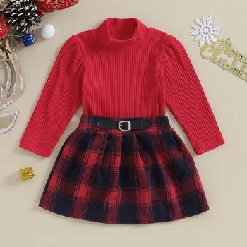 Осенние наряды для девочек из 2 предметов, Красные топы в рубчик с длинными рукавами, Комплекты юбок в клетку трапециевидной формы