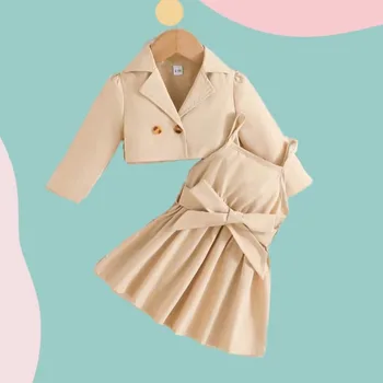 Осенняя детская одежда 2023 года, длинный рукав с отворотом для девочек + однотонная юбка на подтяжках, Комплект из двух предметов, Одежда для новорожденных