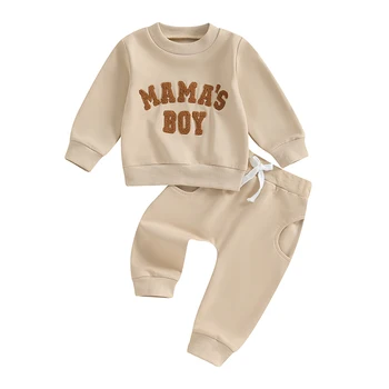 Осенняя одежда для мальчика из 2 предметов, Пуловер с вышивкой буквами и карманами + Брюки, Комплект одежды для малышей