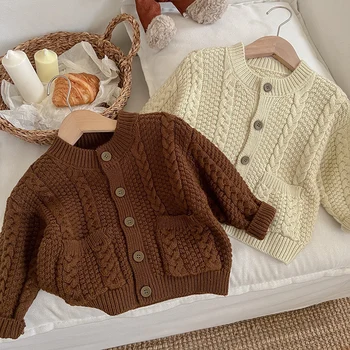 Осень-зима, кардиган в корейском стиле для маленьких мальчиков и девочек, пальто с длинными рукавами, однотонный повседневный Свободный свитер, пальто, Детская одежда