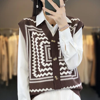 Осень-зима, новинка 2023 года, Корейский модный жаккардовый жилет, вязаный винтажный свитер, Женский осенне-зимний шерстяной кардиган, женский жилет