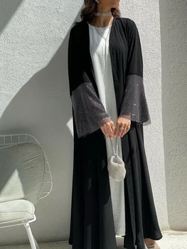 Открытое Кимоно Абая с расклешенным рукавом из страз Повседневный свободный марокканский кафтан Турецкая Исламская мусульманская одежда Халат