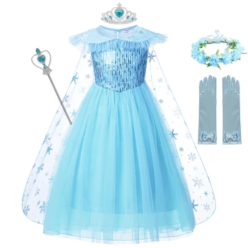 Платье для косплея Замороженной Эльзы для девочек, Маскарадный костюм Снежной Королевы для девочек, Вечеринка на Хэллоуин, День рождения, Детская Одежда Принцессы, Плащ