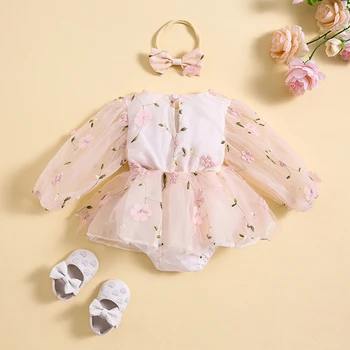 Платье-комбинезон с цветочным кружевом для новорожденных девочек, пышная юбка-пачка с длинным рукавом, платье принцессы, весенняя одежда