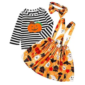 Платье на Хэллоуин для новорожденных, мягкий комбинезон с принтом тыквы, юбка на подтяжках, повязка на голову, юбка на подтяжках, в том числе