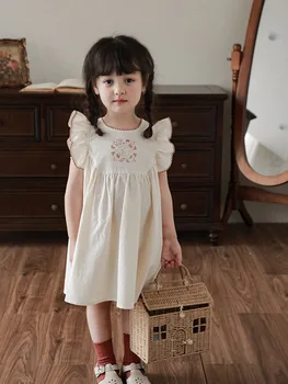 Платье с принтом для девочек, детская юбка принцессы с развевающимися рукавами, тонкая летняя детская юбка