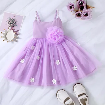 Платье с цветочным жемчугом для маленьких девочек Летнее платье с тюлевыми подтяжками Детское сетчатое платье принцессы 2023 Новое вечернее платье Платье Vestidos