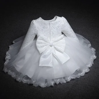 Платья с длинными рукавами для маленьких девочек на Рождественскую вечеринку, свадебные кружевные платья с большим бантом, белое платье для крещения принцессы на 1-й день рождения для маленьких девочек
