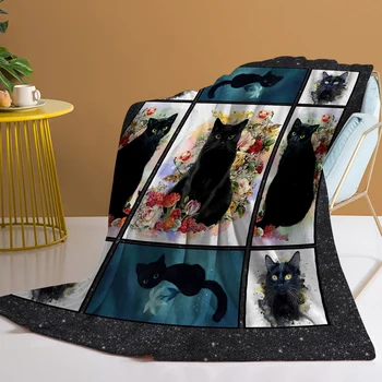 Плед с черным котом, красивые цветы и декоративное одеяло с котом, супер Уютное легкое домашнее одеяло-кровать