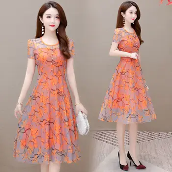 Повседневное платье Женское 2023 Летнее Популярное платье Maple Leaf Blossom с круглым вырезом на талии, платье с коротким рукавом, женское платье средней длины, топы