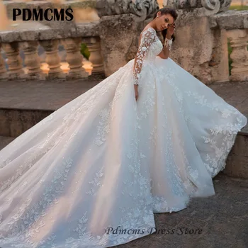 Принцесса Кружевные свадебные платья с длинными рукавами и аппликациями Королева Элегантных свадебных платьев Иллюзионное платье Невесты Корсет Vestido De Novia