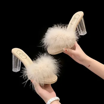 Прозрачные женские тапочки Прозрачные летние шлепанцы с белыми пушистыми туфлями для женщин 2023 Босоножки на каблуке I Trend Normal 39 Обувь F