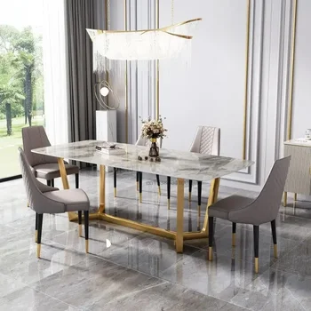 Простой обеденный стол в скандинавском стиле с роскошной каменной доской Прямоугольный Современный обеденный стол для дома на вилле в минималистском стиле Мебель для помещений