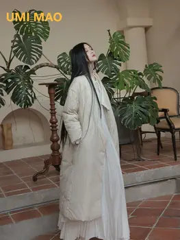 Пуховик UMI MAO 90 из белого утиного пуха с художественным скошенным воротником в китайском стиле, легкое и теплое Утолщенное Длинное пальто Femme
