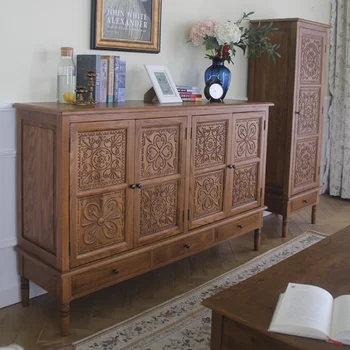 Резной шкаф для веранды из массива дерева в стиле кантри, ретро-пасторальный буфет, дубовая мебель, шкафчик для гостиной, спальни