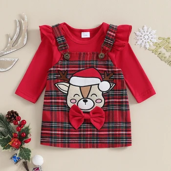 Рождественские наряды для маленьких девочек, однотонный комбинезон с длинными рукавами, клетчатые юбки на подтяжках с нашивкой в виде оленя, комплект одежды из 2 предметов