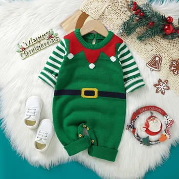 Рождественский комбинезон для новорожденных с поясом и полосатым принтом, комбинезон с длинным рукавом и круглым вырезом, праздничная одежда