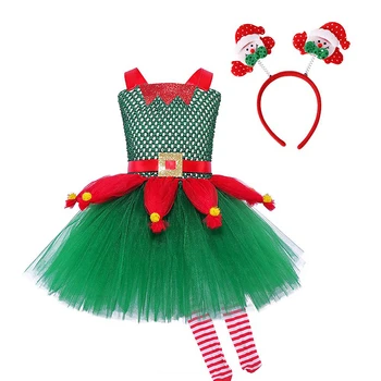 Рождественский костюм эльфа для девочки, платье трапециевидной формы в стиле пэчворк из Тюля без рукавов, колготки и обруч для волос Санта-Клауса, одежда для косплея