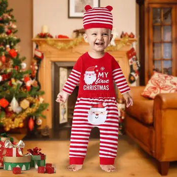Рождественский наряд для мальчиков, боди с длинными рукавами, брюки, комплект шляпы, хлопковый зимний комплект в красную и белую полоску, приятный для кожи и теплый